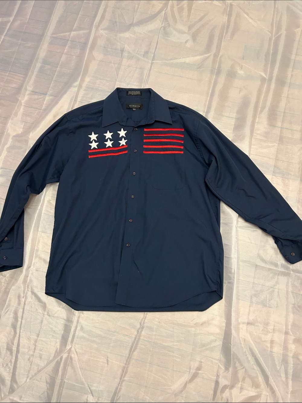 Vin Men's Navy Long-Sleeve Button-Down Shirt with Red & White Star-Stripe Detail